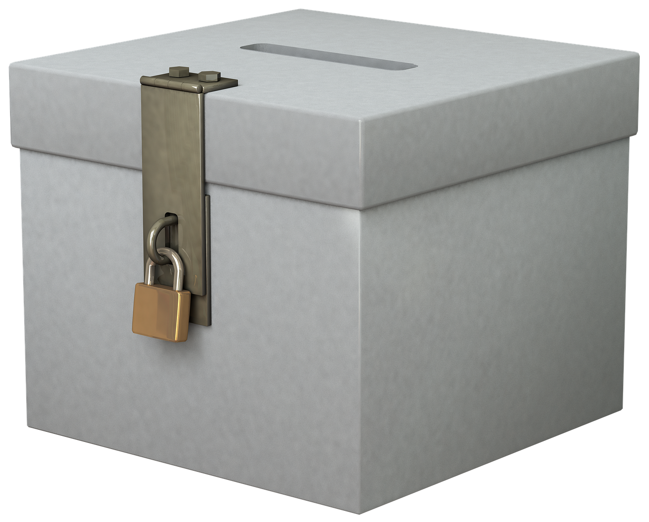 A plain grey ballot box with a slot on top, closed with a metal hasp and a brass padlock.